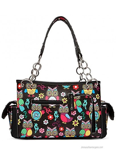 Colorful Owl Western Summer Fashion Purse Concealed Carry Handbags Women Country Shoulder Bag Wallet Set Black Set