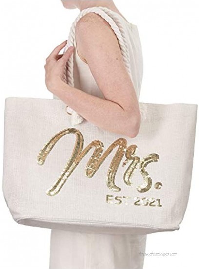 ElegantPark Future Mrs. EST. 2021 Large Bride Tote Bag Personalized Wedding Bachelorette Bridal Shower Gifts Shoulder Bag Gold Sequin with Interior Pocket Jute