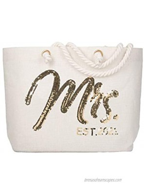 ElegantPark Future Mrs. EST. 2021 Large Bride Tote Bag Personalized Wedding Bachelorette Bridal Shower Gifts Shoulder Bag Gold Sequin with Interior Pocket Jute