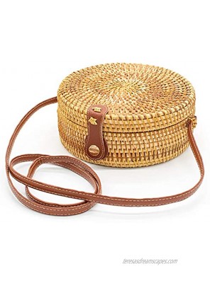 Handwoven Round Rattan Bag Women Beach Straw Woven Crossbody Bag Shoulder Bag with Leather Strap Gift for Women Girls