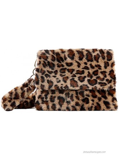 Leopard Faux Fur Flap Bag for Women Chain Strap Shourder Purse Cross-body Handbag