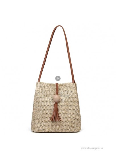 QZUnique Straw Handbags Women's Summer Beach Straw Bucket Tote Bag Straw Woven Handbag Tassel Shoulder Bag Purse