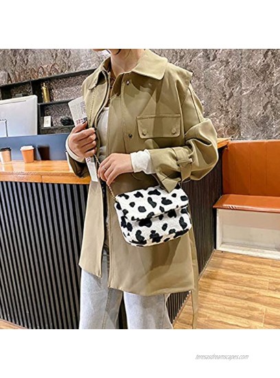 RARITYUS Women Fashion Leopard Print Shoulder Bag Fluffy Plush Handbag Cow Print Crossbody Purse Faux Fur with Chain Strap