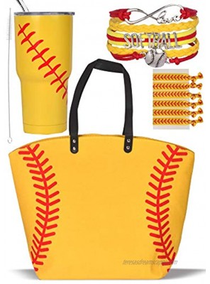 Softball Canvas Tote Bag Handbag Softball Tumbler Cup Softball Hair Accessories Softball Hair Ties for Women Softball Bracelet For Mom Girls Softball Jewelry Softball Team Mom Softball Gift Set