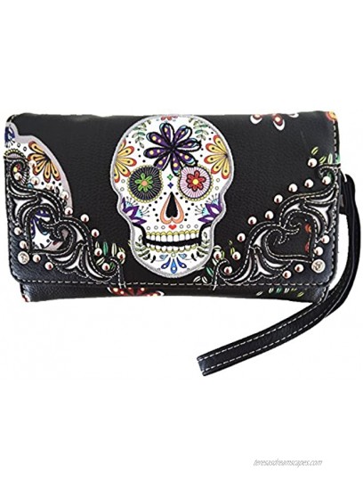 Sugar Skull Rose Heart Flower Day of the Dead Concealed Carry Purse Women Handbag Shoulder Bag Wallet Set
