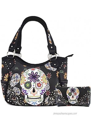 Sugar Skull Rose Heart Flower Day of the Dead Concealed Carry Purse Women Handbag Shoulder Bag Wallet Set