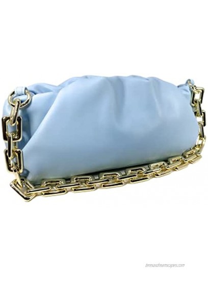 Women's Chain Pouch Bag | Cloud-Shaped Dumpling Clutch Purse | Ruched Chain Link Shoulder Handbag Baby Blue