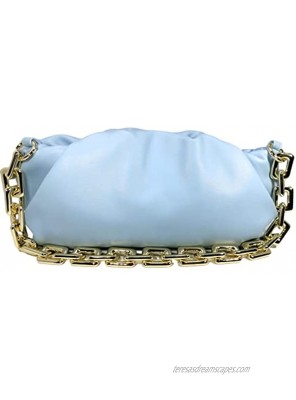 Women's Chain Pouch Bag | Cloud-Shaped Dumpling Clutch Purse | Ruched Chain Link Shoulder Handbag Baby Blue