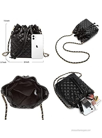 MCK Quilted Bucket Crossbody Bag and Purse for Women Drawstring Vegan Leather Shoulder Bags Lightweight Handbags