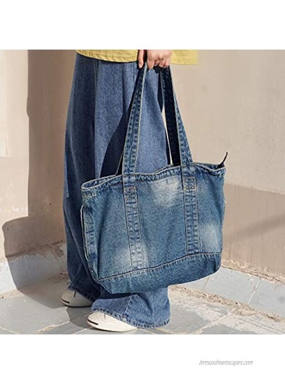 VANTOO Women Denim Tote Bag Large Capacity Top Handle Satchel Shoulder Handbags Purse with Zipper and Pockets