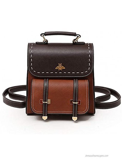 Women Small Fashion Backpack Retro Mini Daypack Casual Satchel Purse Contrast Color Design Brown