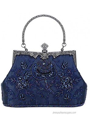 KISSCHIC Women's Handbag Vintage Rose Embroidered Beaded Sequin Evening Bag Wedding Party Clutch Purse