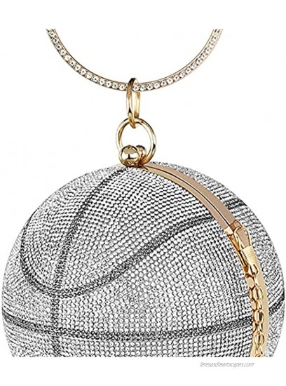 Linkidea Clutch Purses for Women Evening Basketball Rhinestone Lady Party Wedding Bag Crossbody Shoulder Ring Handle Handbag Silver