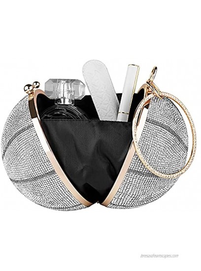 Linkidea Clutch Purses for Women Evening Basketball Rhinestone Lady Party Wedding Bag Crossbody Shoulder Ring Handle Handbag Silver