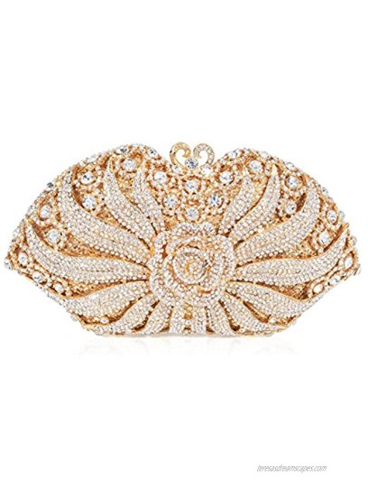 MUUHOO Luxury Crystal Clutch for Women 3D Flower Rhinestone Evening Bag Gold Medium