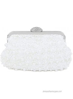 TOPFIVE Women Pearls Beaded Clutch Light Luxury Wedding Pearls Purse Evening Handbag with Floral Texture