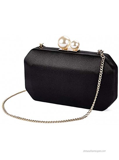 Women Satin Clutch Purse Handbags Crossbody Hardcase Evening Bag with Pearls Closure for Party