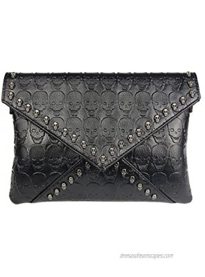 Clutch Purses for Women Gothic Skull Envelope Clutch Wallet with Two Straps Black