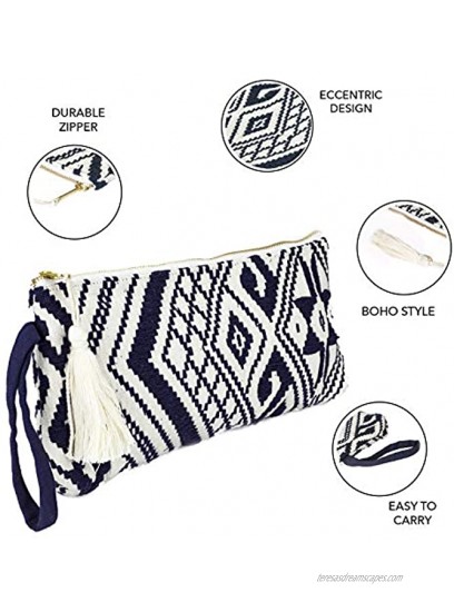 DwellStudio Vegan Clutch for Women -Boho Style Clutch Wristlet Purse Woman’s Hand Bag Wallet Beautiful Gift for Women Navy and White