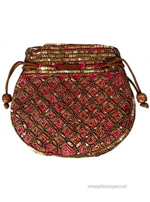 Purpledip Potli Bag Drawstring Purse: Gold Thread Sequin Embroidery