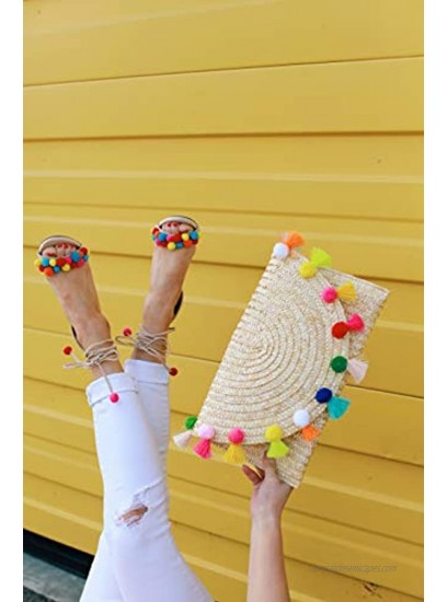 Straw Pom Pom and Tassel Clutch Colorful Summer Bag