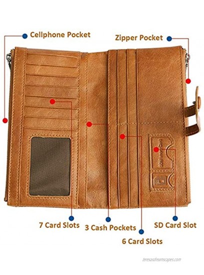 Tippnox Womens Genuine Leather Wallet RFID Blocking Credit Card Holder Organizer Clutch Long Purse with Zipper Pocket Brown-0