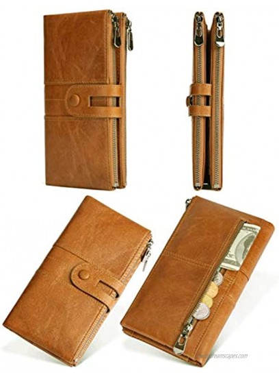 Tippnox Womens Genuine Leather Wallet RFID Blocking Credit Card Holder Organizer Clutch Long Purse with Zipper Pocket Brown-0