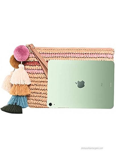 Women Multi Colored Straw Clutch Small Beach Wristlet Bag with Pom Poms and Tassels