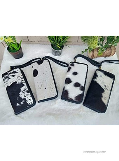 Womens Zipper Wristlet Clutch Black White Cow Hide Cow Skin Leather Hand Clutch Zip Phone Wallet Clutch Card Case 8' X 4' Gift for her