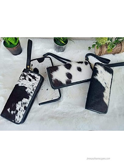 Womens Zipper Wristlet Clutch Black White Cow Hide Cow Skin Leather Hand Clutch Zip Phone Wallet Clutch Card Case 8' X 4' Gift for her