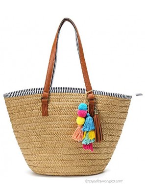 Epsion Straw Beach Bags Tote Tassels Bag Hobo Summer Handwoven Shoulder Bags Purse With Pom Poms