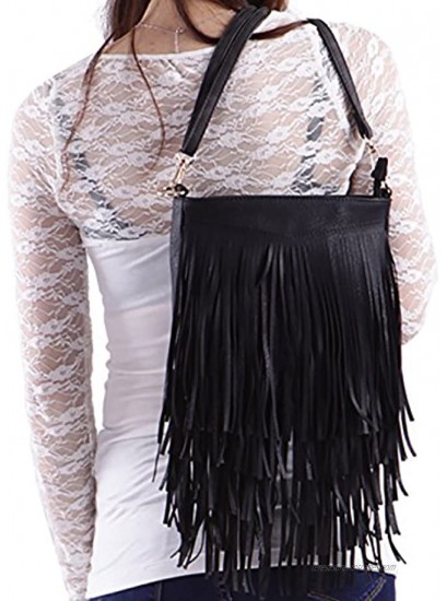 HDE Women's Leather Hobo Long Fringe Crossbody Tassel Purse Small Handbag