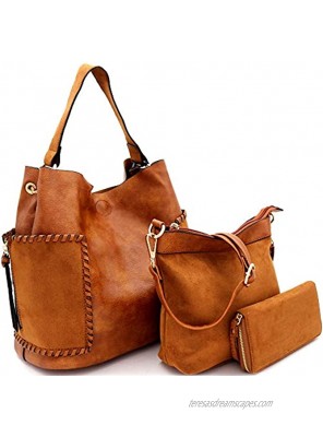 Whipstitched Side Pocket Vegan Suede Leather Hobo Crossbody Bag Handbag