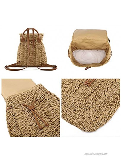 Ayliss Women Straw Beach Handbag Backpack Shoulder Handbag Summer Beach Woven Handmade Tote Purse Hobo Bag Rucksack Daypack Khaki