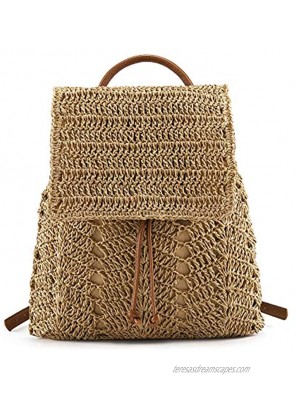 Ayliss Women Straw Beach Handbag Backpack Shoulder Handbag Summer Beach Woven Handmade Tote Purse Hobo Bag Rucksack Daypack Khaki