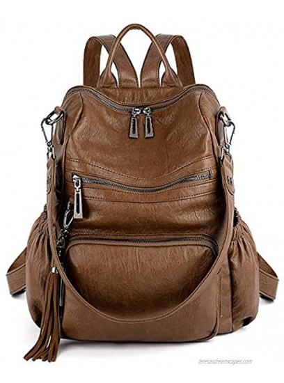 UTO Women Backpack Purse Leather Vegan Ladies Fashion Designer Rucksack Convertible Travel Shoulder Bag with Tassel Brown