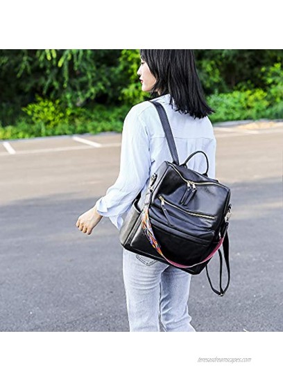 Women Backpack Purse PU Leather Ladies Rucksack Girls Casual Shoulder Bag Woman Travel Daypack with Colorful strap black