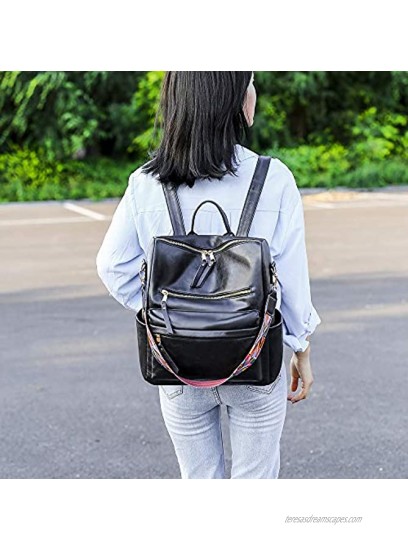 Women Backpack Purse PU Leather Ladies Rucksack Girls Casual Shoulder Bag Woman Travel Daypack with Colorful strap black