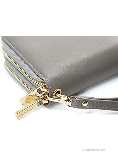 Cyanb PU Leather Wristlet Cellphone Clutch Wallet Long Purse with Dual Zipper Removable Wrist Strap