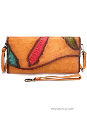 Genuine Leather Wristlet Purse Wallet for Women Feather Pattern Embossing Clutch Vintage Handmade Crossbody Dual Use Bag