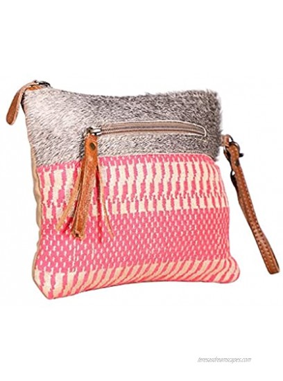 Myra Bags Charismatic Pink Canvas Rug Leather & Hairon Pouch Wristlet S-1944