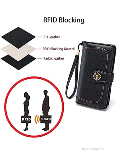 OPAGE Wallets for Women Genuine Leather Credit Card Holder with RFID Blocking Large Capacity Wristlet Black