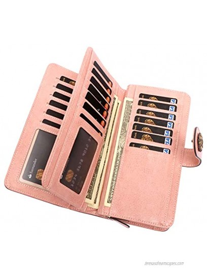 RFID Blocking Women Clutch Wallet Genuine Leather Long Wristlet Wallet Ladies Purse Credit Card Holder Coin Money Organizer Pink