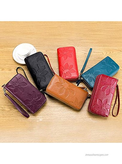 RFID Blocking Women’s Leather Wallet Double Zipper Smartphone Pocket,Cash Slots Large Capacity Clutch Wristlet