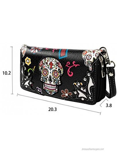 Skull Wallet for Women Western Style Wristlet Wallet Pu Leather Western Wallet Double Zipper Sugar Skull Wallet
