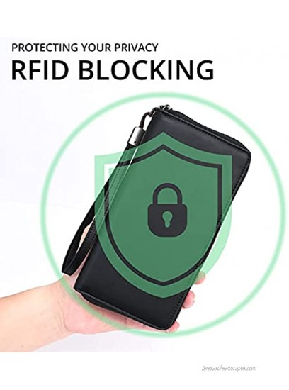 Women's RFID Blocking Leather Zip Around Wallet Large Phone Holder Clutch Travel Purse Wristlet Black