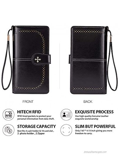 Women's Wallets Leather Large Capacity Card Holders with RFID Blocking Wristlet Clutch Purse Black
