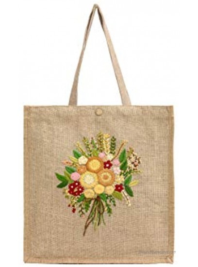 Jute handbag UYEN-T002 33x10xH37cm with long handle BEIGE Color hand-embroidered with Chrysanthemum pattern