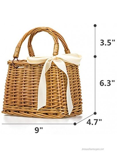 QTMY Bow Rattan Woven Bag Straw Bags Top Handle Handbags Bohemia Style Beach Bag,Beige