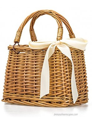 QTMY Bow Rattan Woven Bag Straw Bags Top Handle Handbags Bohemia Style Beach Bag,Beige